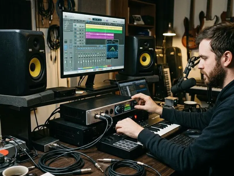 Working computer setup showing sound card stack with DAW/media app, audio API, sound card driver, card DSP, monitors