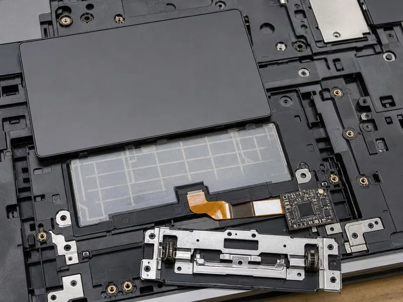 Real hardware teardown of laptop palmrest disassembled to expose its touchpad with large rectangular glass touchpad, capacitive sensor grid on underside, flat flex cable, controller IC, click mechanism, laptop chassis visible