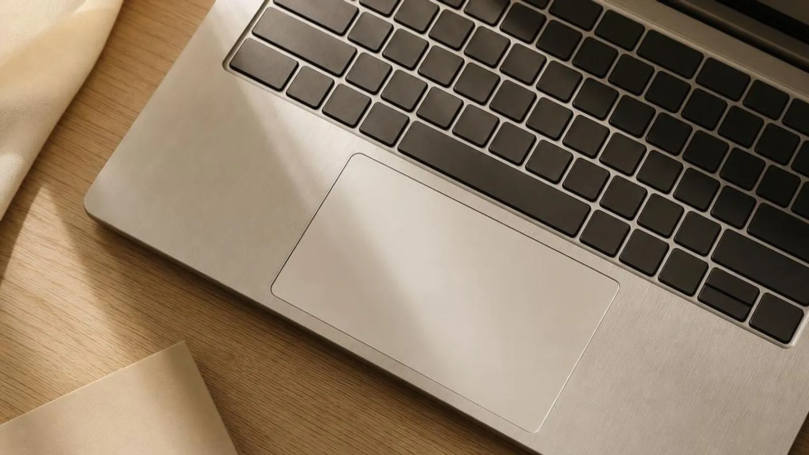 laptop touchpad in close three-quarter view shown with two-finger gesture indicated by soft contact circles