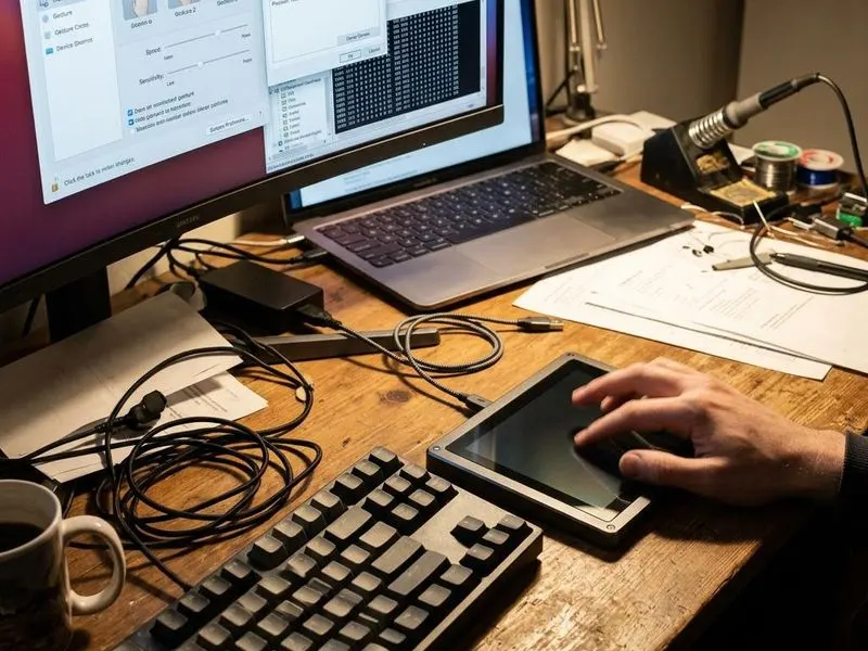 Working computer setup showing touchpad stack with gesture, precision-touchpad stack, touchpad driver, sensor grid