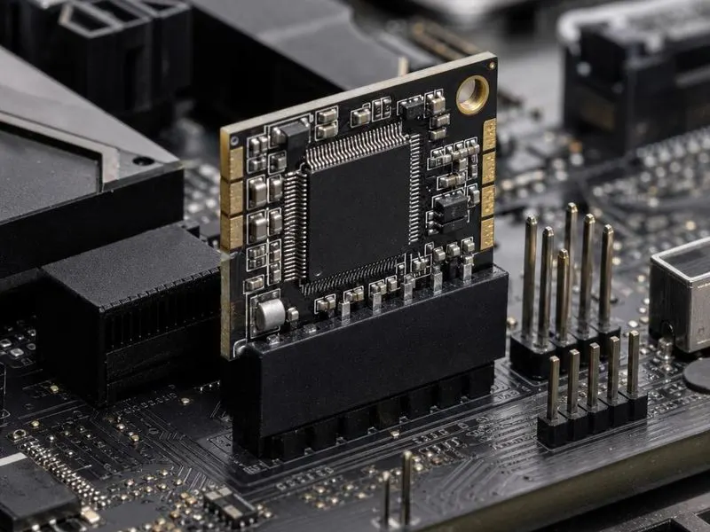 Real hardware teardown of discrete TPM 2.0 module plugged into its motherboard header with small daughterboard, square security processor IC, female header connector, motherboard TPM header, close-up context