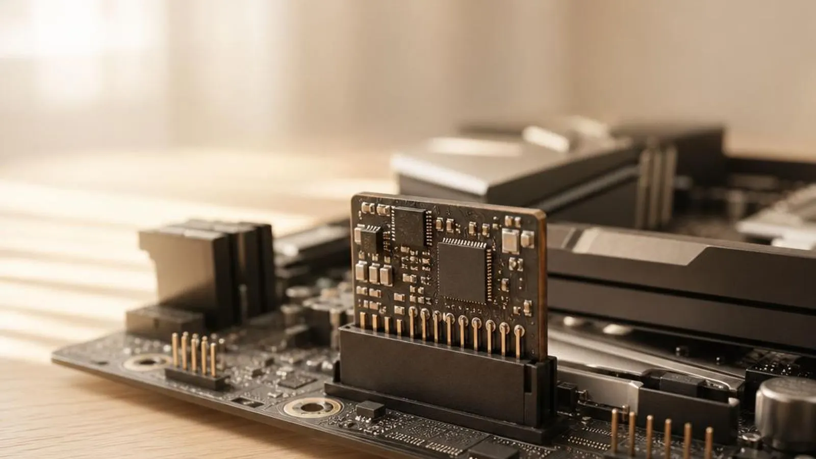 discrete TPM module seated on its board header, three-quarter view shown with