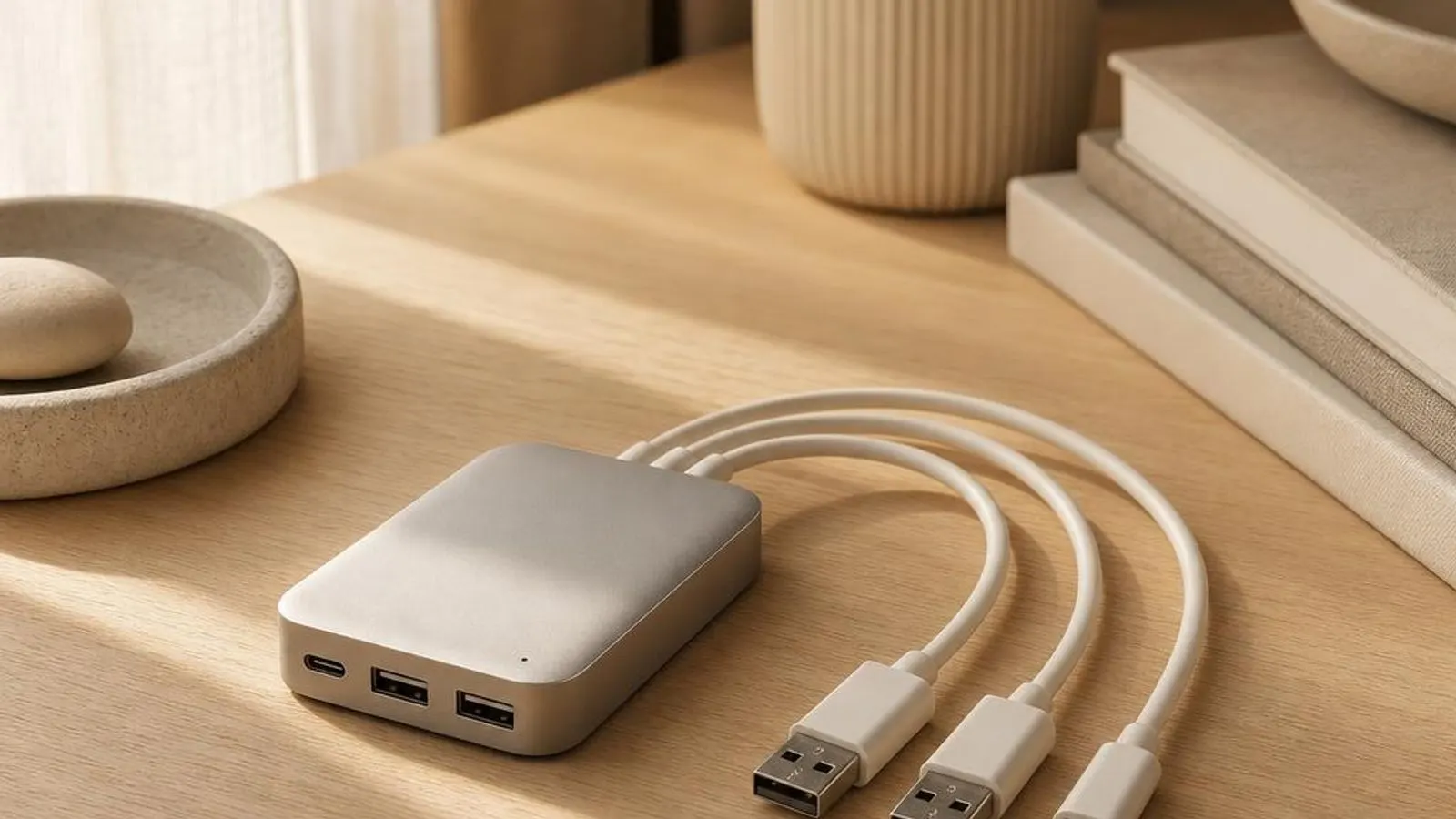 three connectors in a row — USB-A, USB-C, USB-B shown with cables curving away, pins and shells visible, not a flash drive