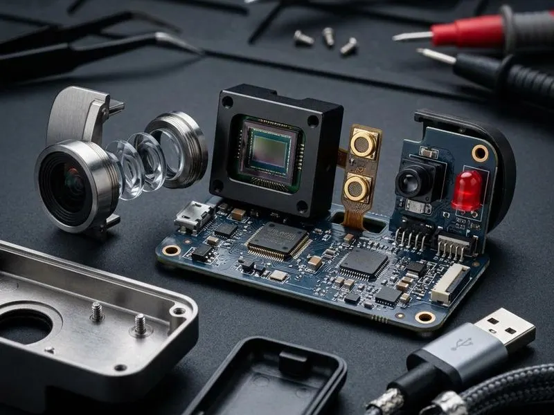 Real hardware teardown of webcam cutaway with lens stack, CMOS sensor, ISP, microphone array, IR emitter