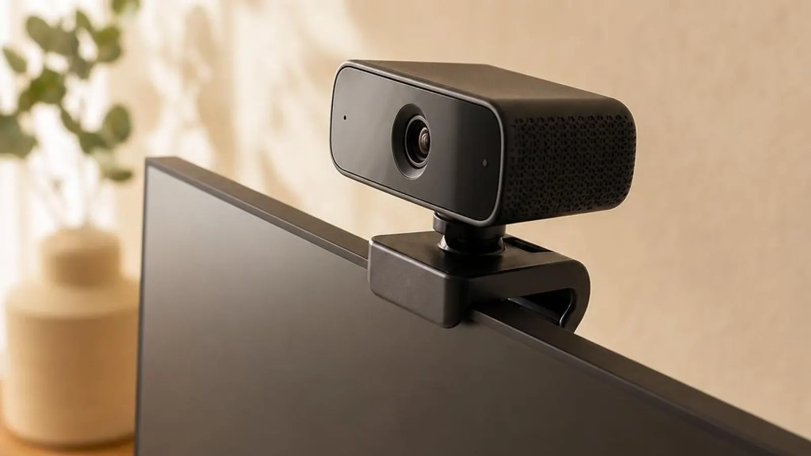 clip-on USB webcam perched on a monitor edge shown with lens barrel, status LED, USB cable trailing