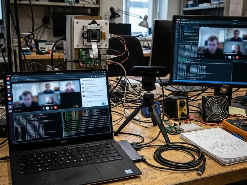 Working computer setup showing webcam stack with video-call app, capture API, webcam driver (UVC), sensor
