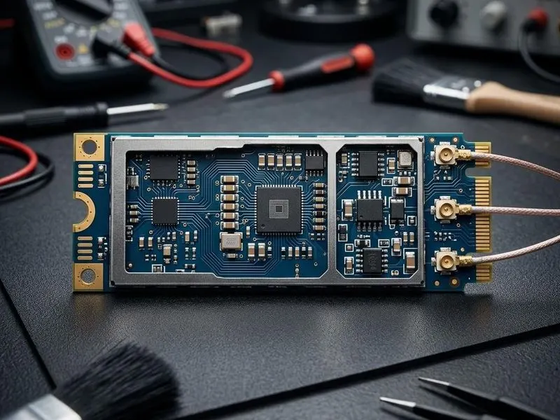 Real hardware teardown of M.2 card cutaway with combo radio SoC, RF front end, antenna U.FL connectors, shield can
