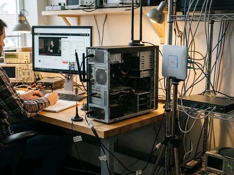 Working computer setup showing Wi-Fi stack with browser/app, network stack, Wi-Fi driver, radio, access point
